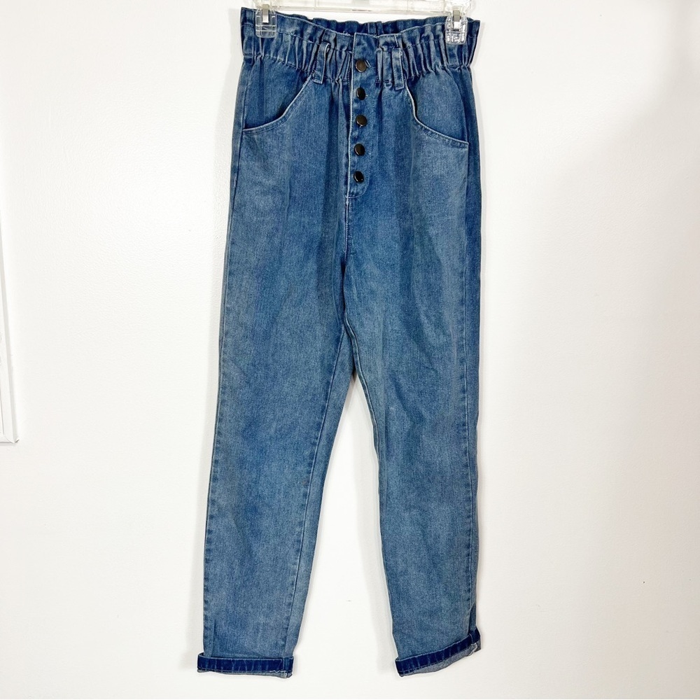 Lulus Button Fly Denim Blue Jeans With Paper Bag Waist XS